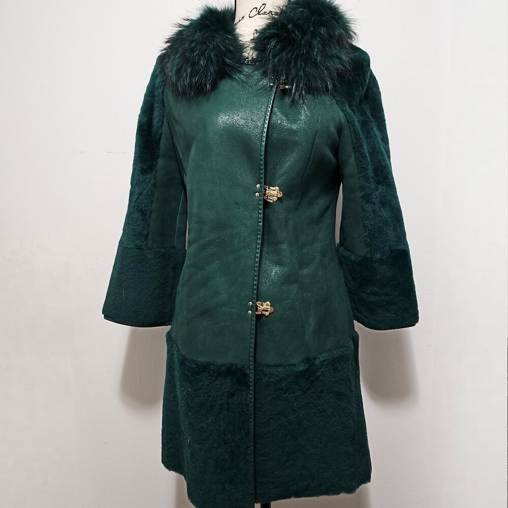 Elegant Green Faux Fur Trim Trench Coat